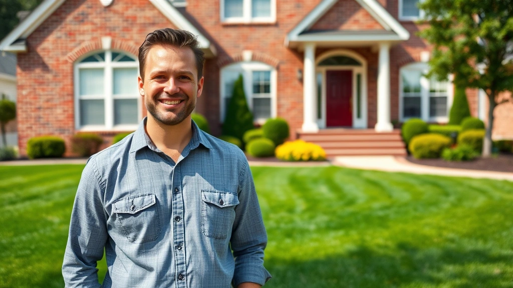 etowah county property tax -
Male homeowner standing in front of brick residential home with manicured lawn,