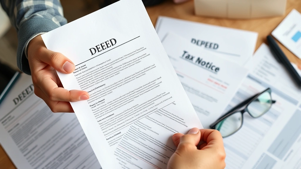 etowah county property tax -
Close-up of hands holding property deed and tax notice letter, documents spread