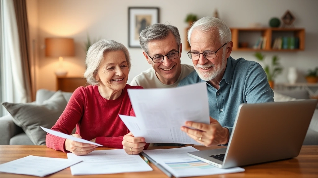 etowah county property tax -
Senior couple reviewing financial documents together at home, smiling, with lap