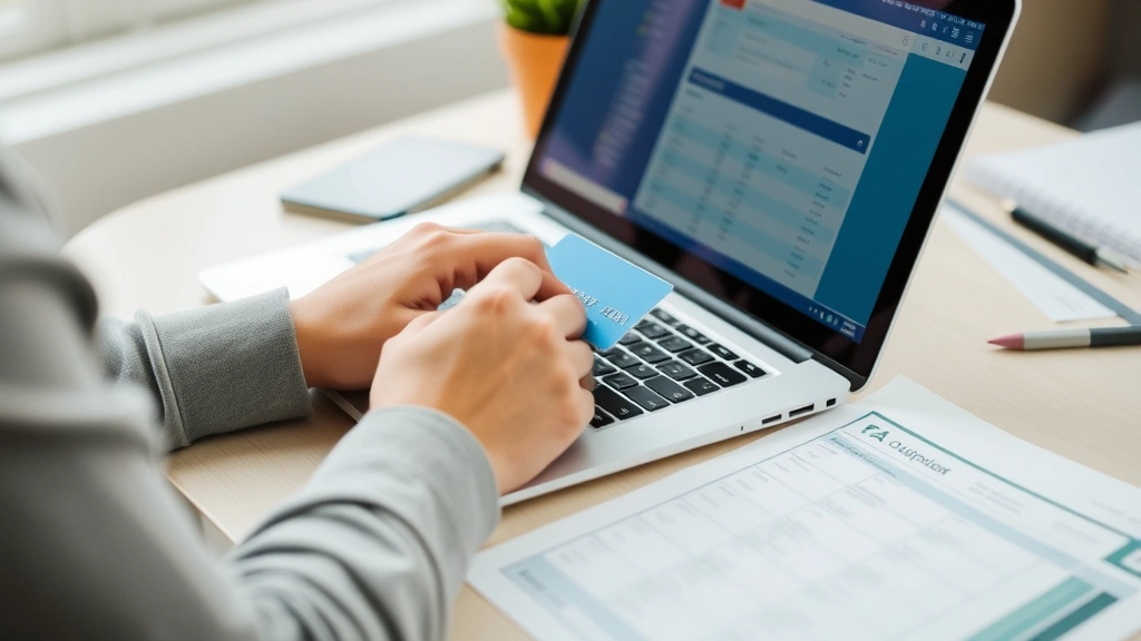 excise tax massachusetts - 
Person using laptop to pay bills online with credit card and tax documents near