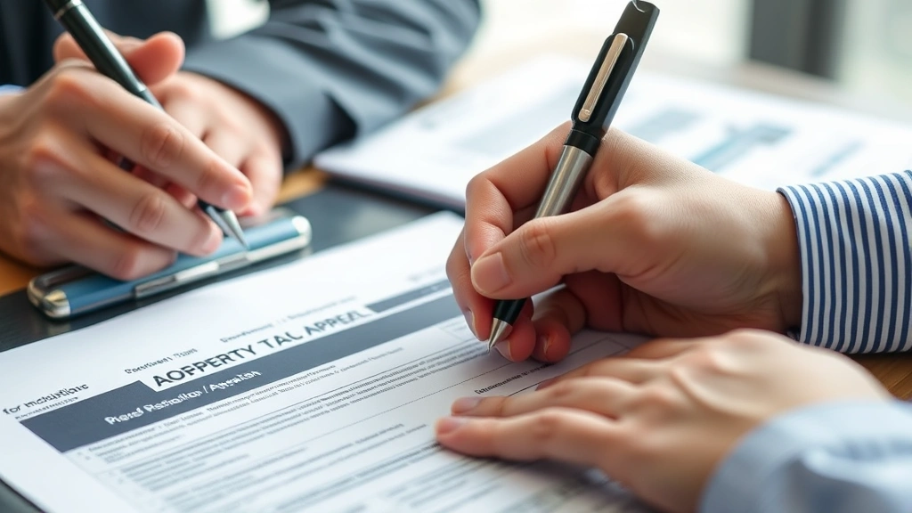 fairfax va property tax - 
Close-up of hands signing property tax appeal form with pen and supporting docu