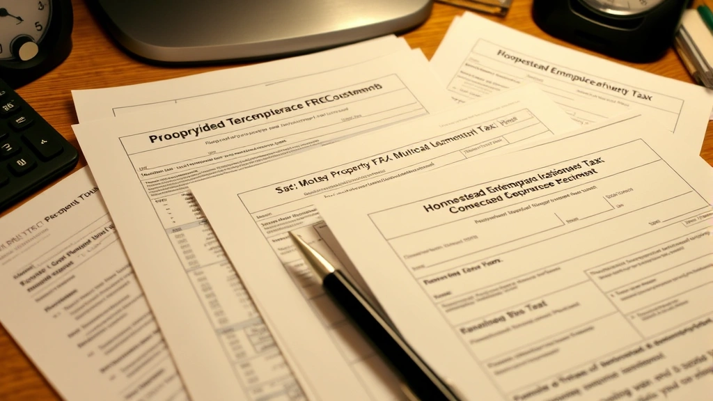 fayette county property tax - 
Close-up of property tax forms, mortgage documents, and homestead exemption pap