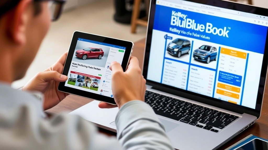 florida automobile sales tax - 
Person researching vehicle values on tablet and laptop with Kelley Blue Book an