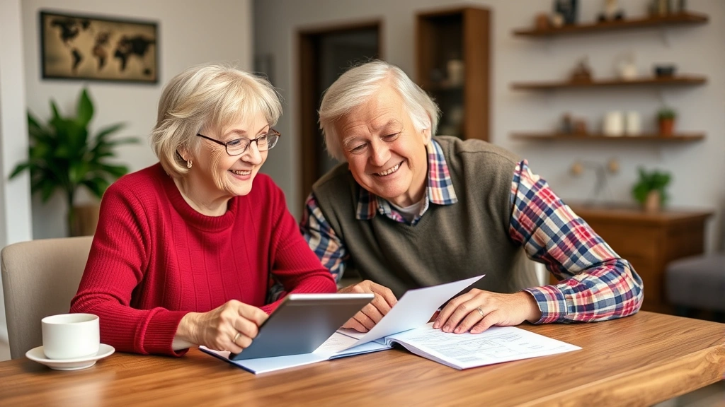 florida no property tax - 
Retired couple smiling while reviewing home purchase documents with calculator 
