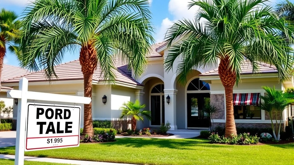 florida no property tax - 
Modern Florida home exterior with palm trees and property tax sign in foregroun