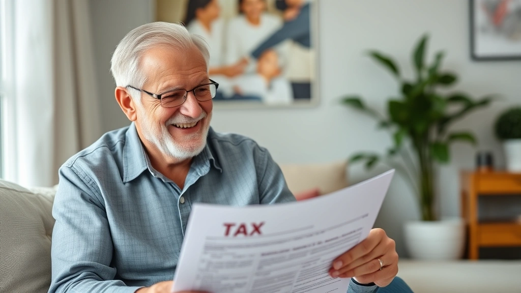 florida property tax elimination - 
Senior homeowner smiling while looking at paperwork showing tax savings
