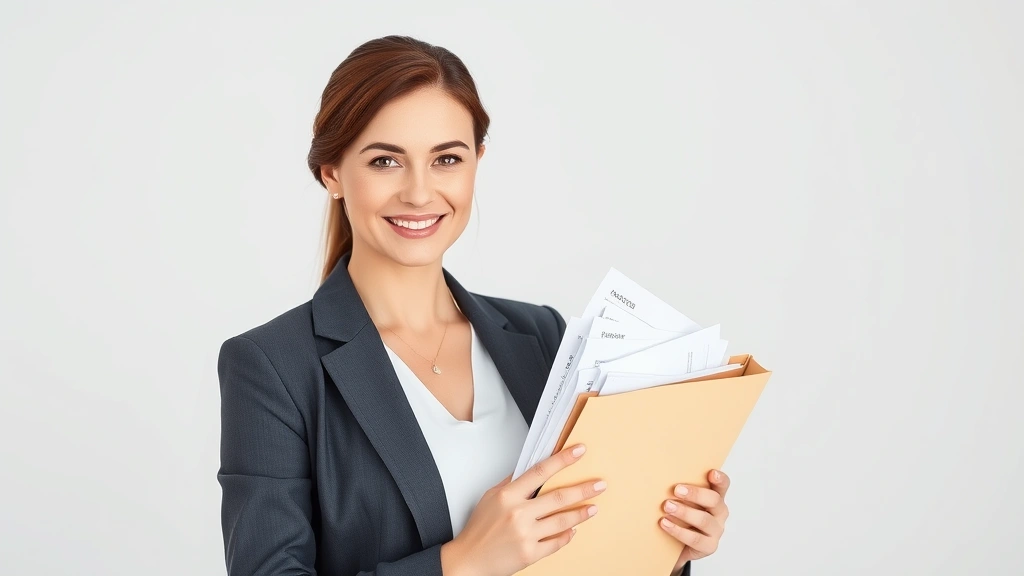 florida tax extension - 
Confident woman in business attire holding folder of organized financial docume