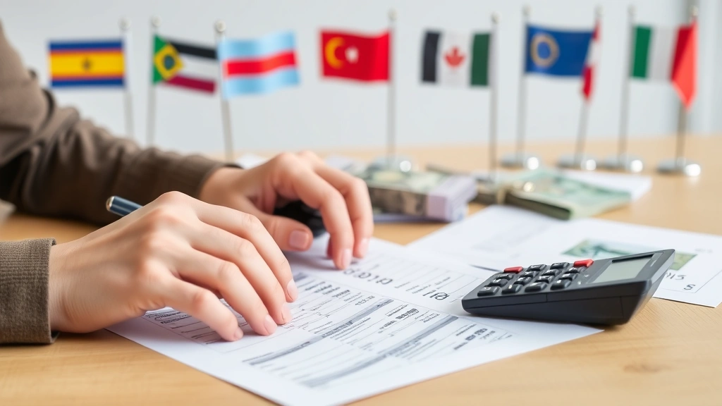 foreign tax identifying number -
Person filling out tax forms at desk with calculator, foreign currency, and cou