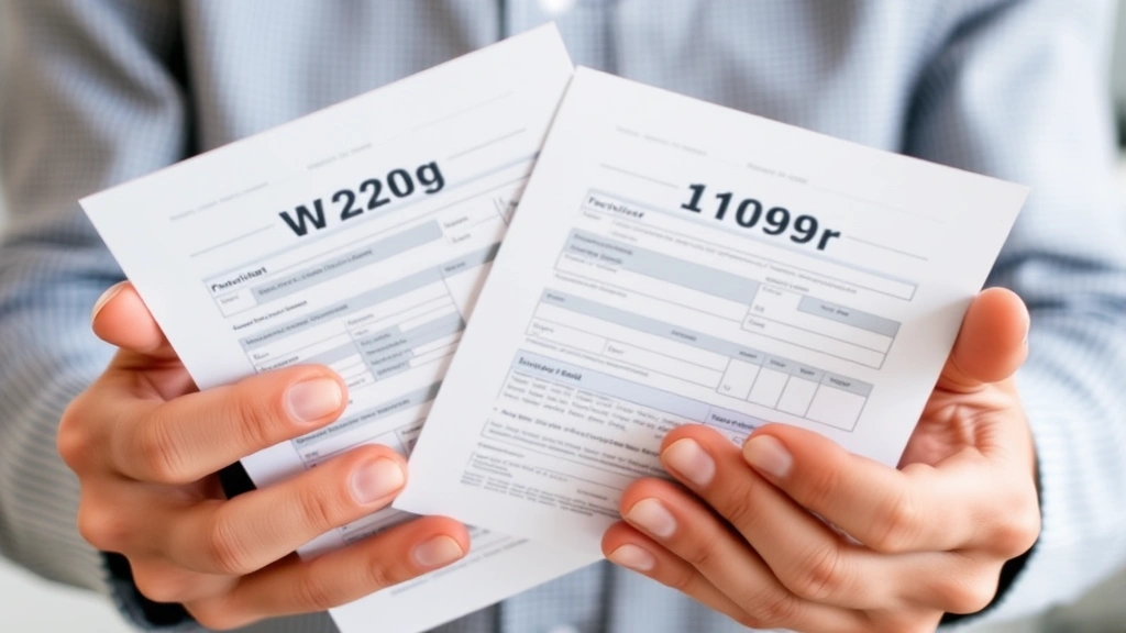 fox tax -
Close-up of person’s hands holding W2 and 1099 forms with tablet showing
