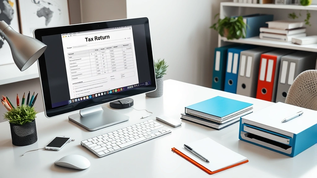 fox tax -
Modern home office setup with computer displaying tax return form, organized fi