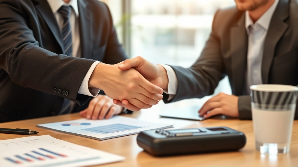 fox tax -
Business professional in blazer shaking hands across desk during financial cons