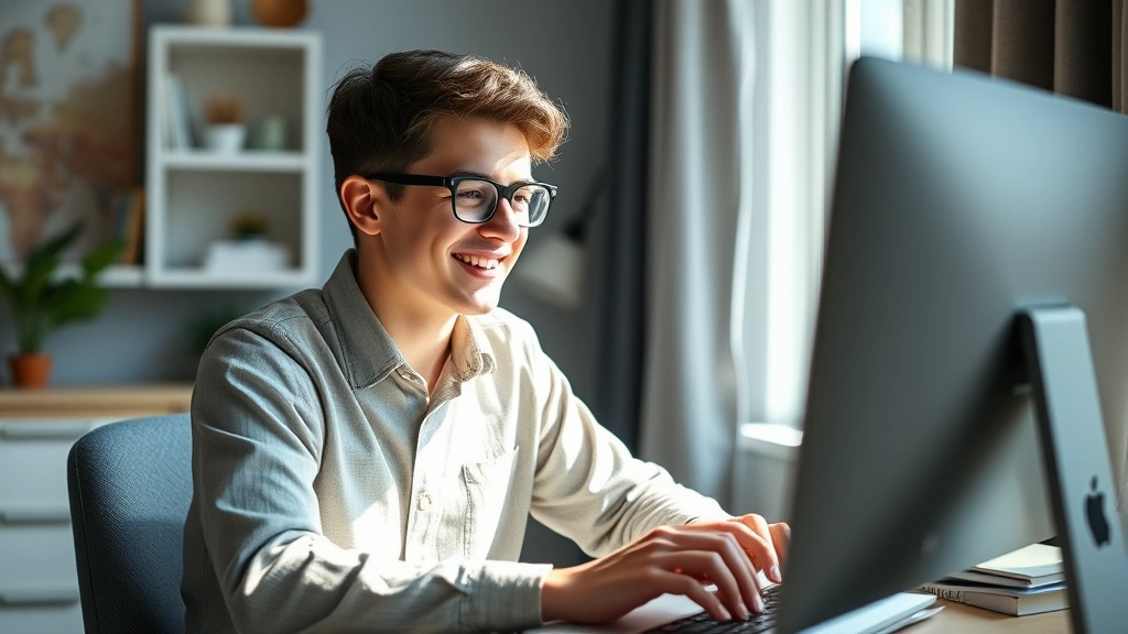 fox tax -
Young adult smiling at computer screen while completing online tax return, natu