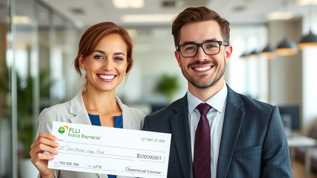 franchise tax bd casttaxrfd - 
Business owner holding refund check with satisfied smile, modern office backgro