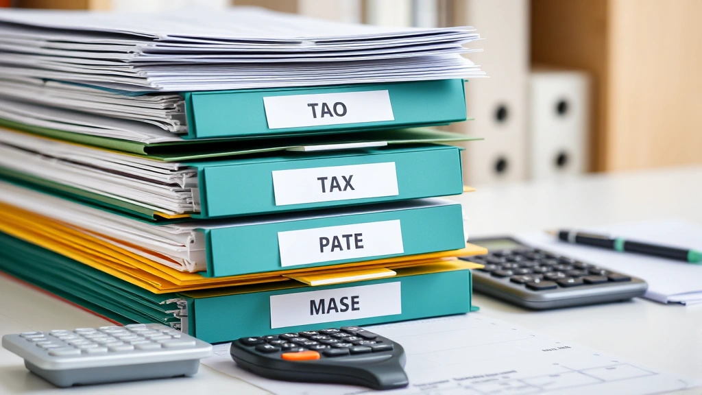 franchise tax bd casttaxrfd - 
Stack of organized tax files and folders with labels, calculator and pen nearby