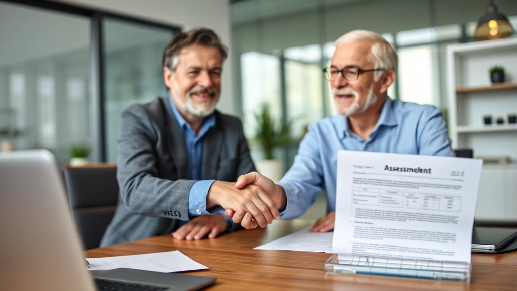 franklin county real estate taxes - 
Mature homeowner and tax advisor shaking hands in modern office with property d