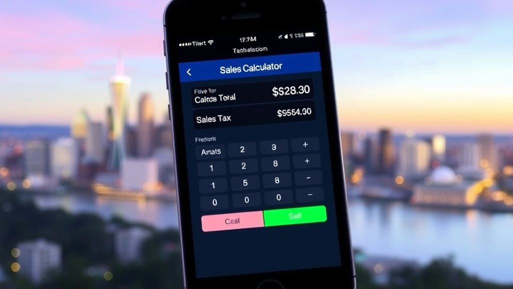 fremont sales tax - 
Smartphone displaying sales tax calculator app with Fremont city skyline backgr