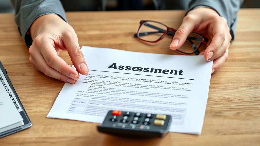 fresno property tax - 
Close-up of hands holding property assessment notice letter with calculator and