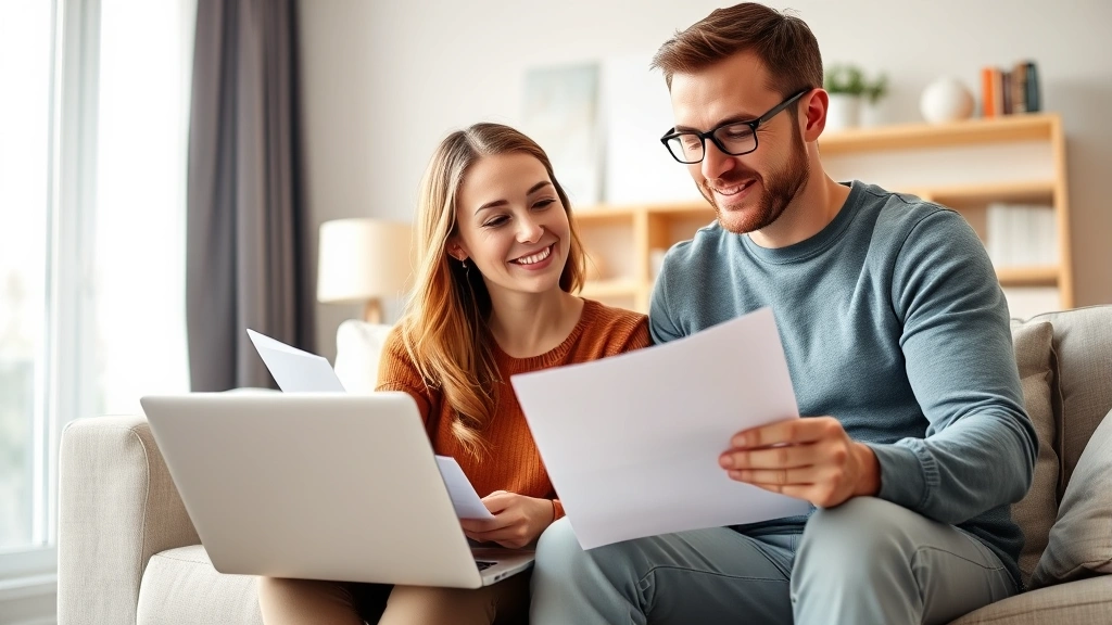 fresno property tax - 
Diverse couple reviewing home assessment paperwork together in living room with
