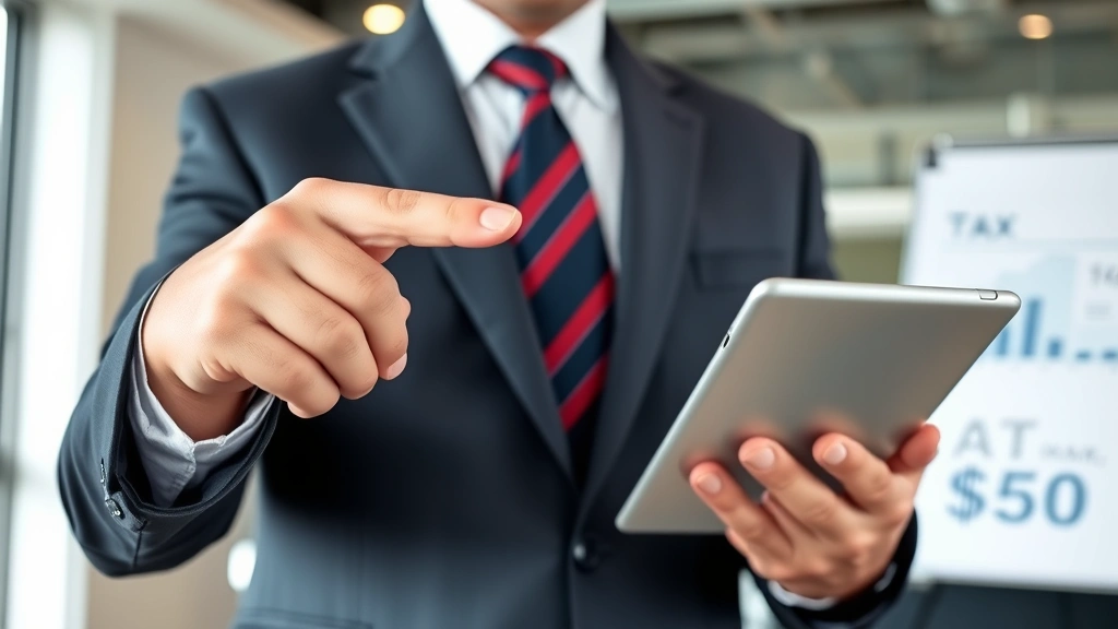 fresno property tax - 
Professional tax advisor or accountant in business attire pointing to property 