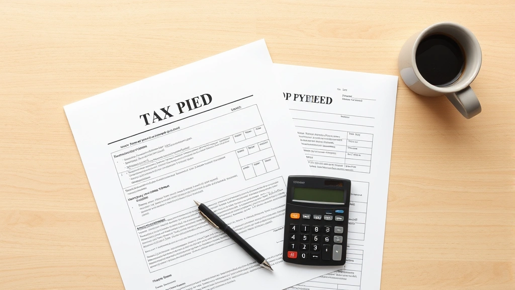 fresno property tax - 
Overhead view of organized tax documents, property deed, calculator, and pen ar