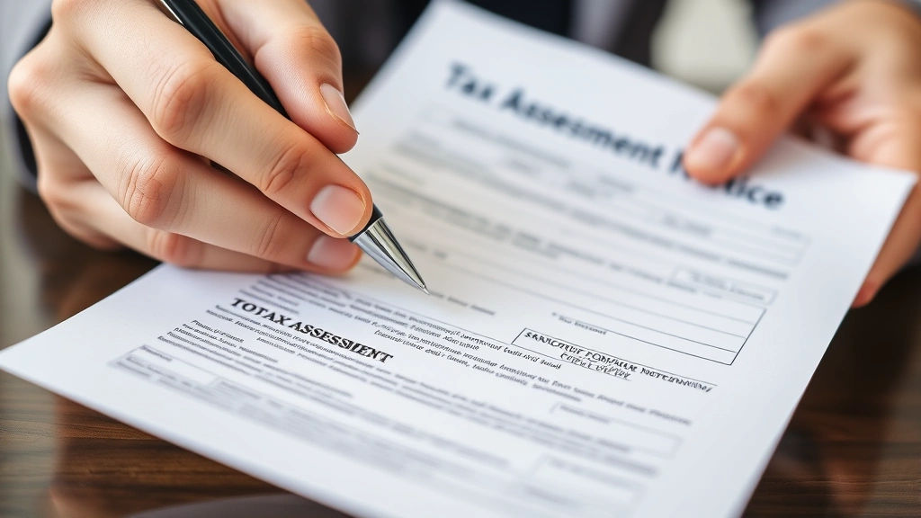 georgetown county tax -
Close-up of hands holding property deed and tax assessment notice with pen for