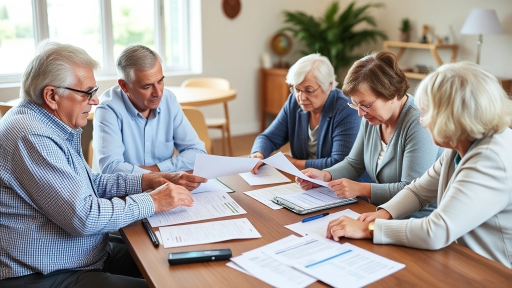 georgetown county tax -
Diverse group of seniors reviewing financial documents and tax forms at communi