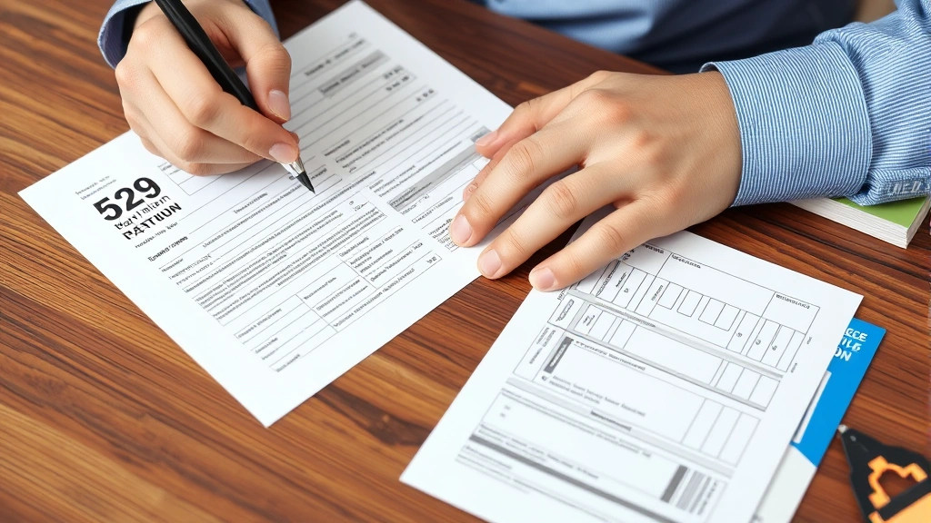 georgia 529 tax deduction - 
Close-up of hands signing tax return form with 529 plan statement and college b