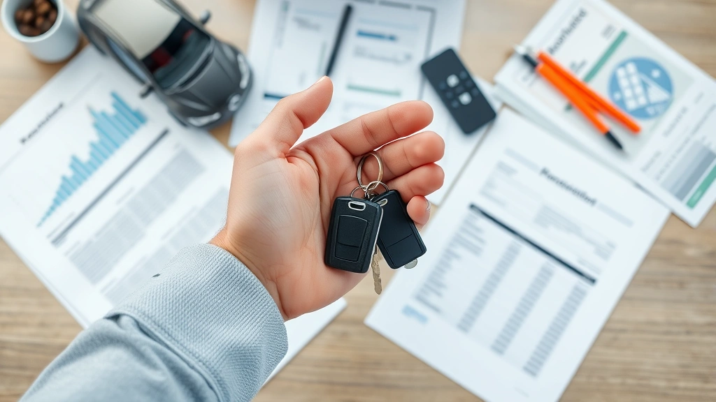georgia car sales tax - 
Person holding car keys with dealership contract and financial documents spread