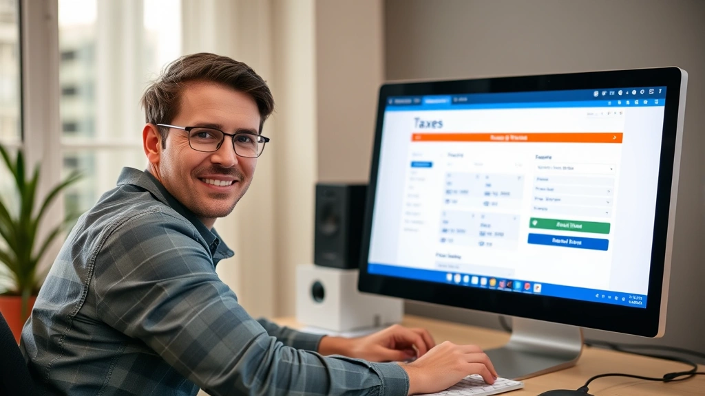 georgia state tax form - 
Person using computer to file taxes online, showing secure portal interface wit