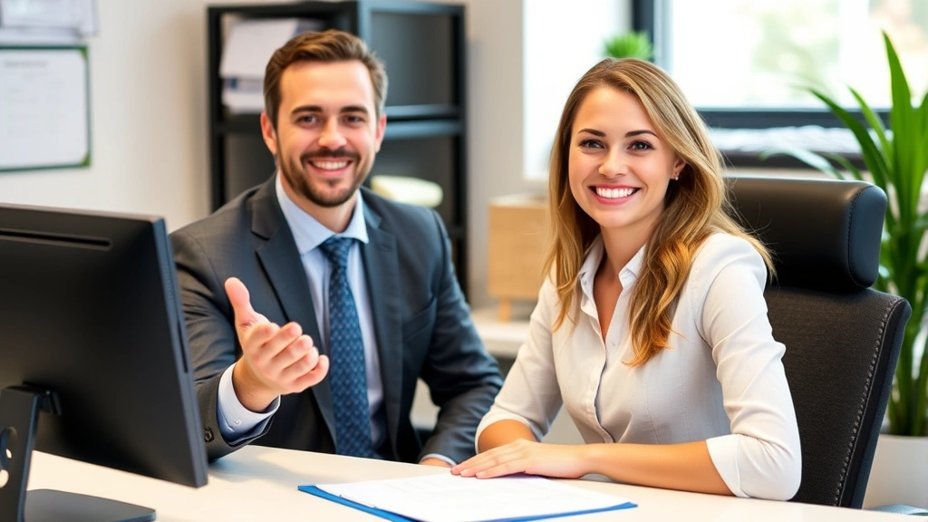 georgia state tax form - 
Smiling professional tax advisor at office desk with computer, welcoming gestur