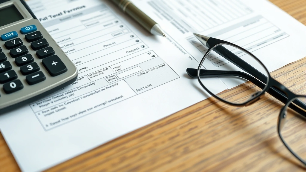georgia tax forms - 
Close-up of completed tax forms with pen, calculator, and reading glasses on wo
