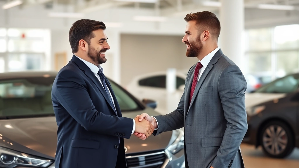 georgia title ad valorem tax - 
Handshake between car buyer and dealer in a dealership showroom with vehicle vi