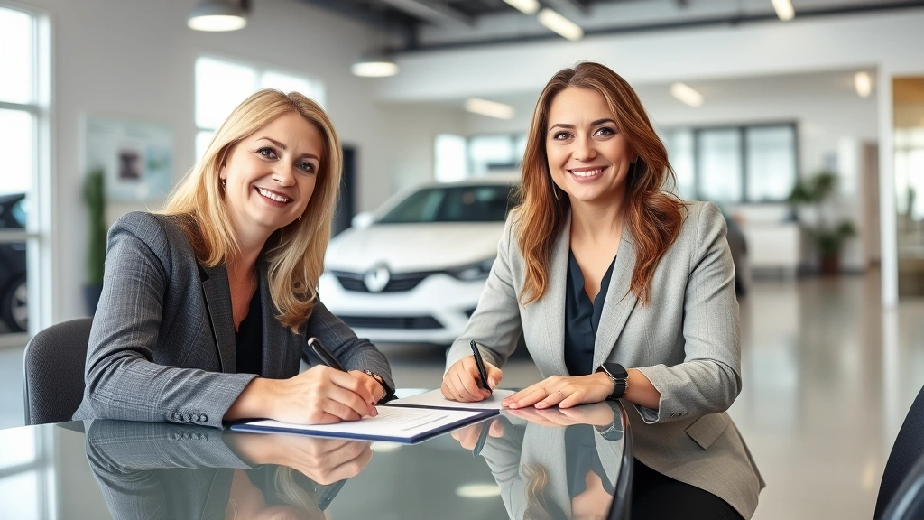 georgia vehicle sales tax - 
Confident woman signing vehicle title documents with agent in bright dealership