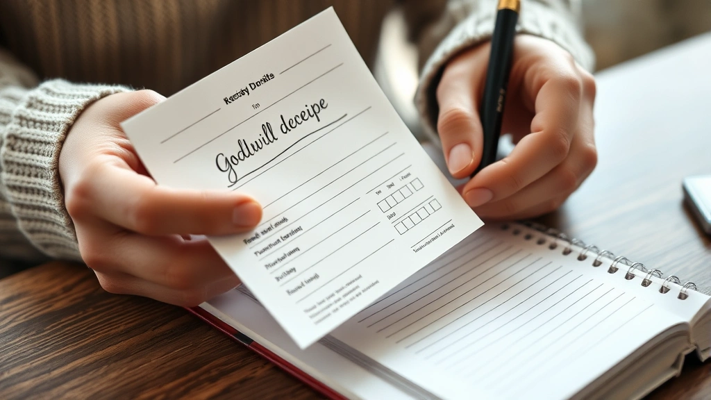 goodwill tax receipt -
Close-up of hands holding a goodwill receipt and taking notes in a charitable d