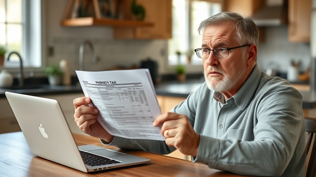greenville sc property tax - 
Homeowner holding property tax bill with concerned expression, sitting at kitch