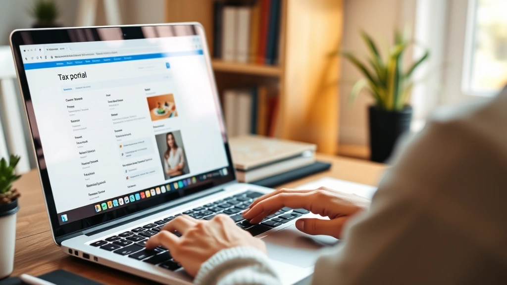 guilford county tax bill search -
Person using laptop to access online tax portal, focused on screen, home office