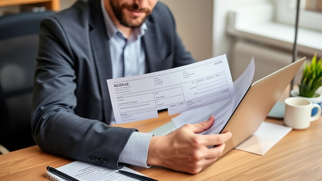 hartford taxes - 
Business owner reviewing paycheck stub and tax forms at desk with laptop and co