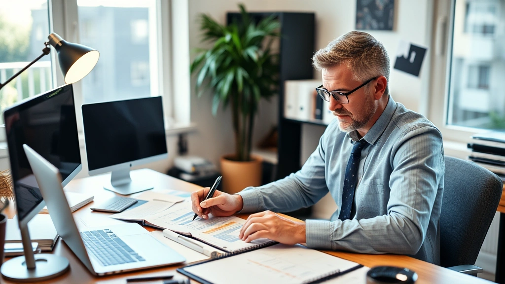 hennepin county tax -
Business owner reviewing quarterly tax estimates and financial records in home