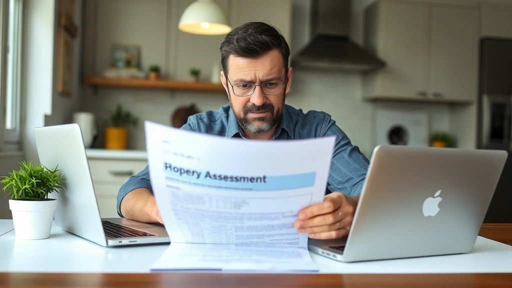 henrico property tax - 
Homeowner examining property assessment letter with concerned expression, sitti