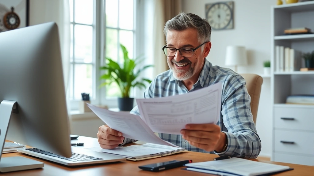 henrico property tax - 
Successful homeowner smiling while reviewing reduced property tax bill at home 