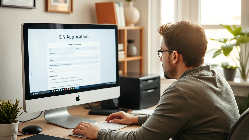 how do i apply for an estate tax identification number - 
Person at computer completing online EIN application form, focused expression, 