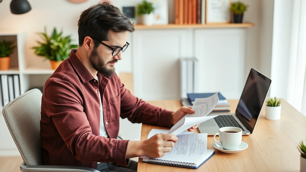 how to do taxes without w2 - 
Self-employed freelancer organizing receipts and invoices at home workspace wit