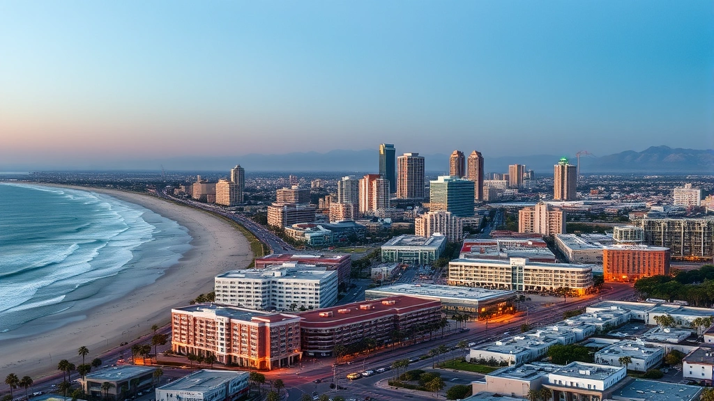 huntington beach sales tax - 
Coastal California city skyline of Huntington Beach with commercial district, p
