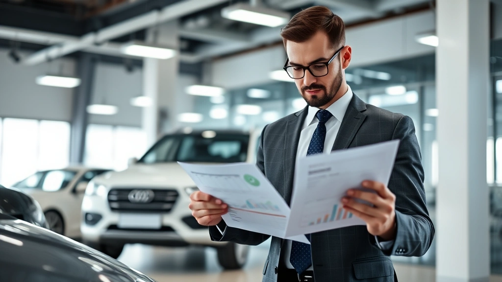 illinois car sales tax - 
Businessman examining vehicle paperwork with tablet showing financial data, mod