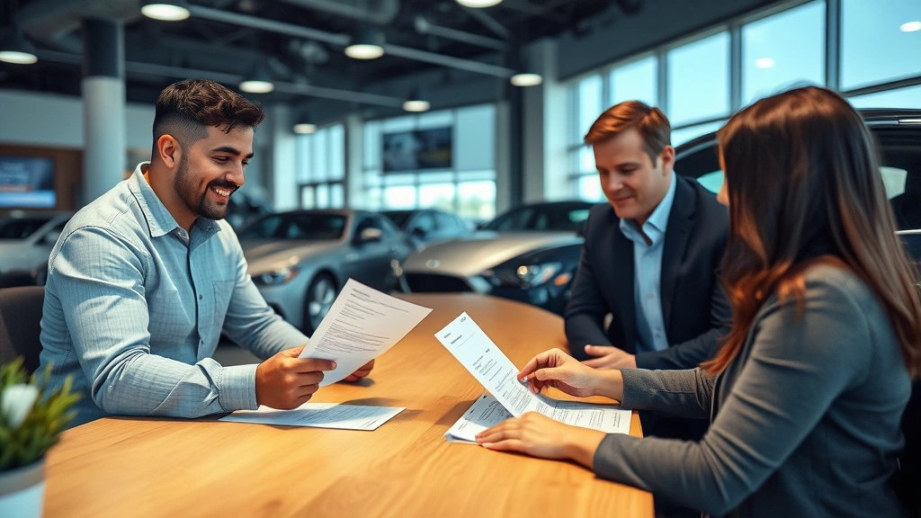 illinois car sales tax - 
Customer reviewing vehicle registration and title documents at dealership desk 