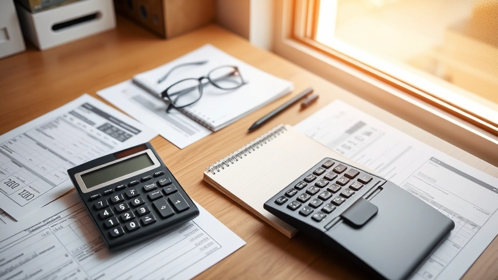 illinois estate tax calculator - 
Organized desk with calculator, notepad, glasses, and financial documents sprea