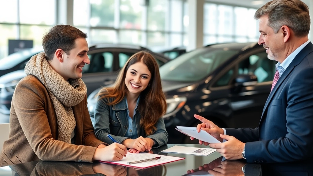 illinois state sales tax on cars - 
Diverse couple signing vehicle purchase paperwork at a dealership with a friend