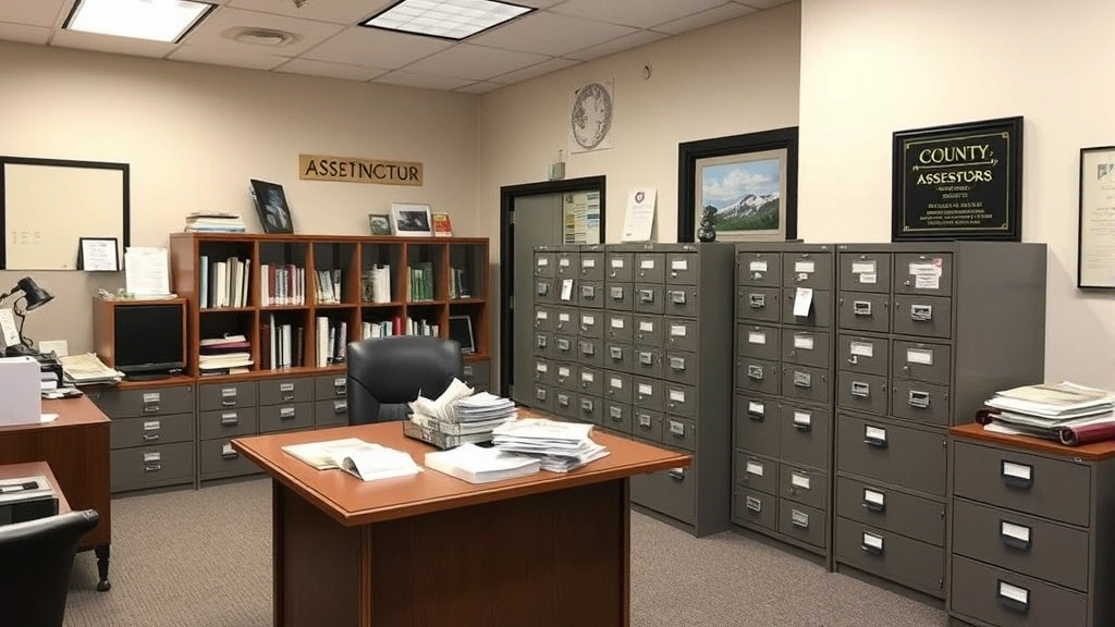 indiana property tax lookup - 
County assessor office interior with filing cabinets and public records, profes
