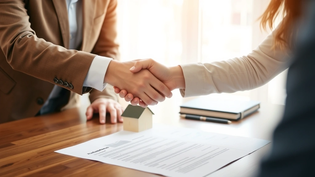 indiana property tax lookup - 
Handshake between real estate agent and homeowner with property documents on ta