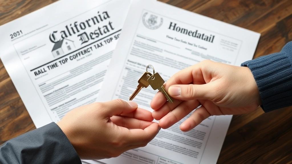 inheritance tax in california - 
Hands exchanging house keys with California real estate property deed and tax d